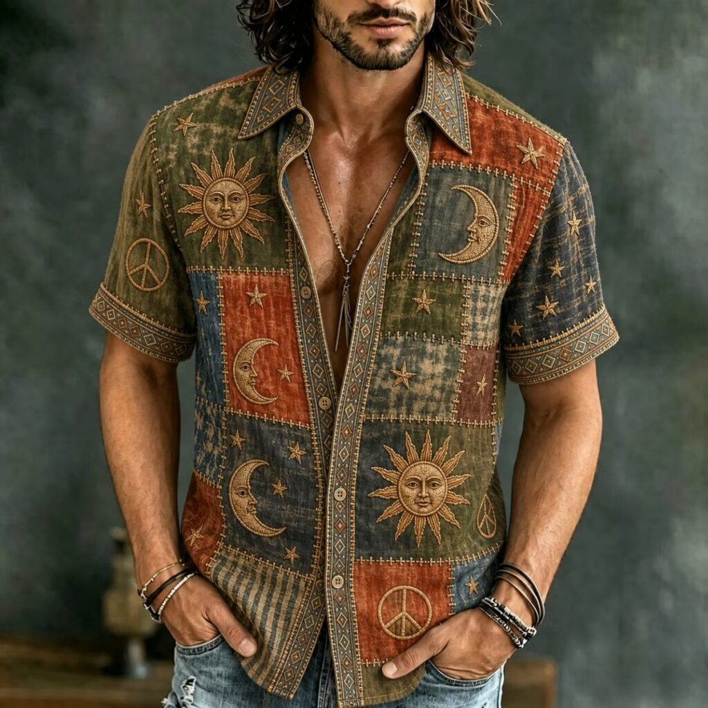 Man wearing a colorful patchwork shirt with sun, moon, and peace sign patterns.