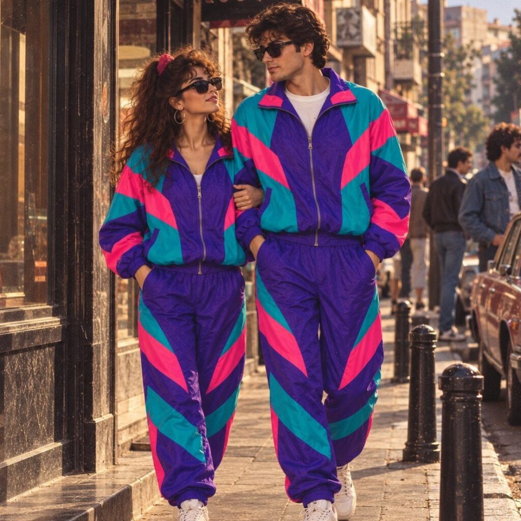 Man and woman walking in matching bright purple, pink, and teal colorblock windbreakers and joggers.