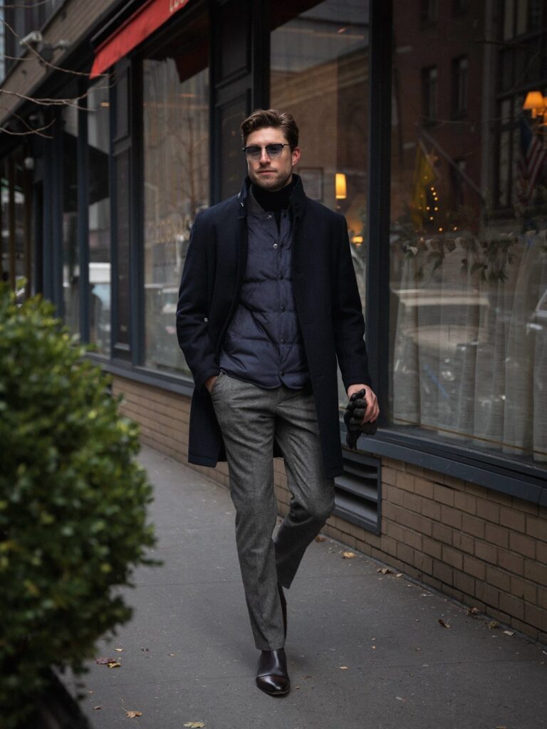 Man walking in city wearing a navy overcoat, black turtleneck, grey trousers, and dark Chelsea boots.