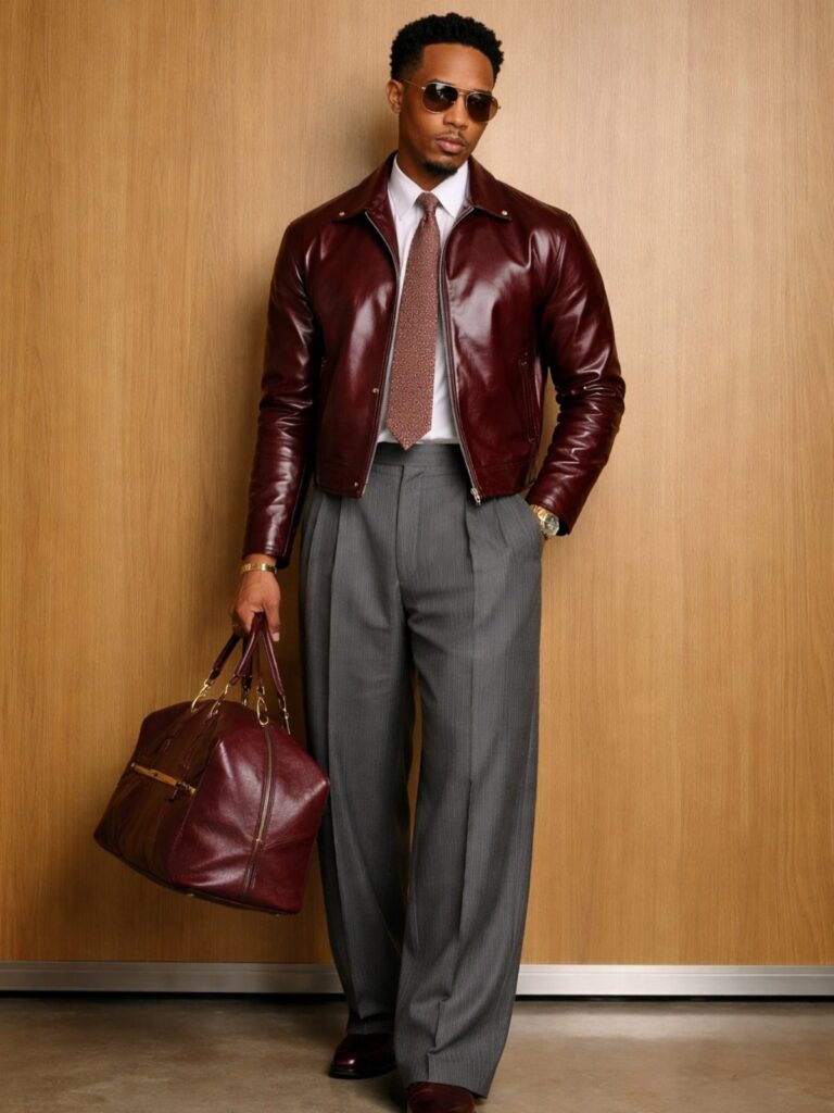 Man in burgundy leather jacket, white shirt, tie, and grey trousers holding a leather bag.