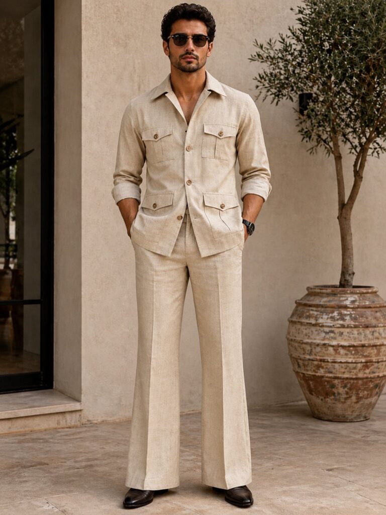 A man posing in a beige linen jacket and wide-leg trousers outdoors.