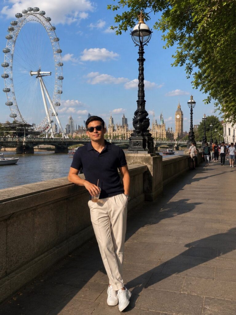 A man wearing a navy polo and cream trousers poses by the River Thames in London.