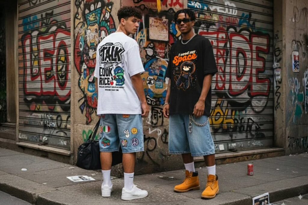 Two men posing in graphic t-shirts and denim shorts against a graffiti wall.