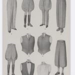 Vintage illustration plate displaying various historical men's trousers and waistcoats in black and white.