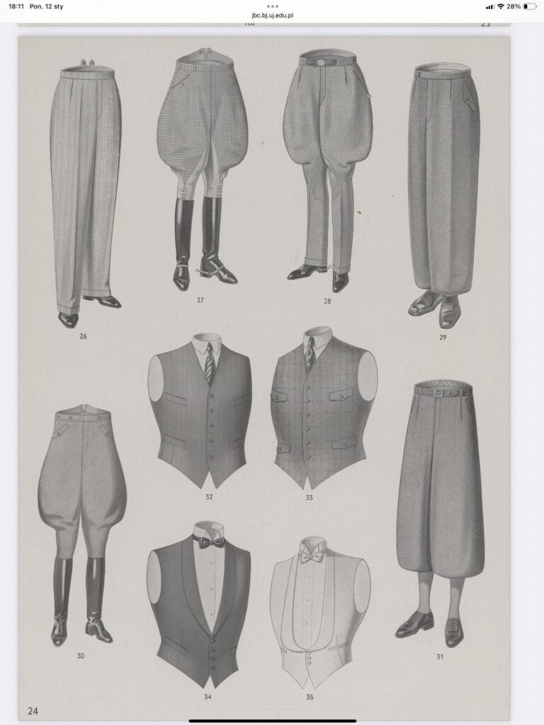 Vintage illustration plate displaying various historical men's trousers and waistcoats in black and white.
