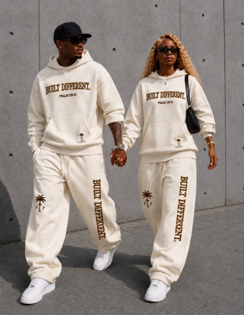Man and woman in matching cream streetwear walking hand-in-hand against a concrete wall.