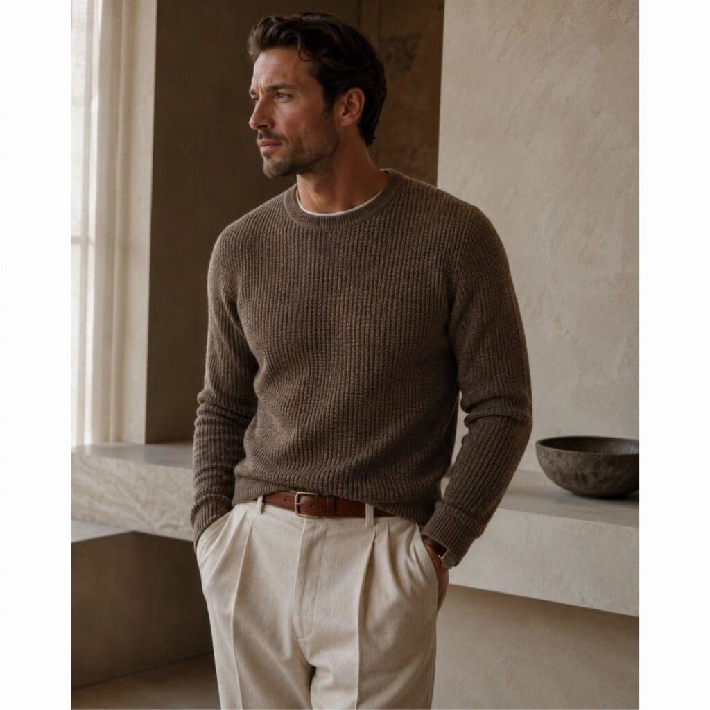 A man wearing a brown ribbed knit sweater and cream trousers standing against a neutral wall.