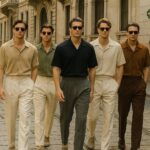 Five men posing in stylish Cuban collar shirts and tailored trousers on a city street.