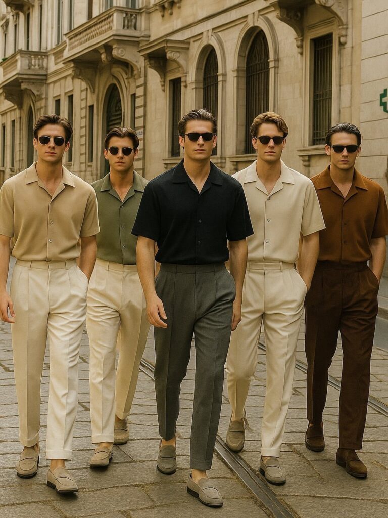 Five men posing in stylish Cuban collar shirts and tailored trousers on a city street.
